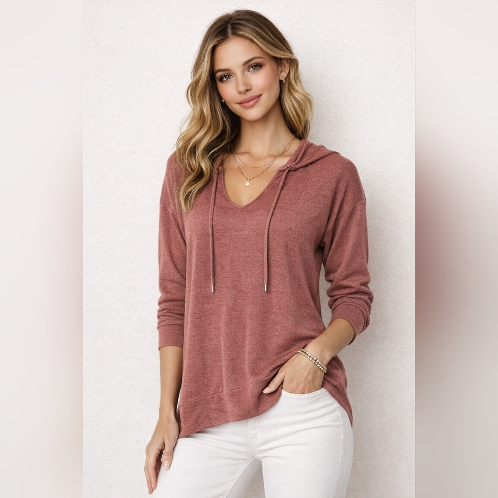 Victoria’s Secret Top L Dusty Rose Hooded Drawstring V-Neck Athletic Athleisure